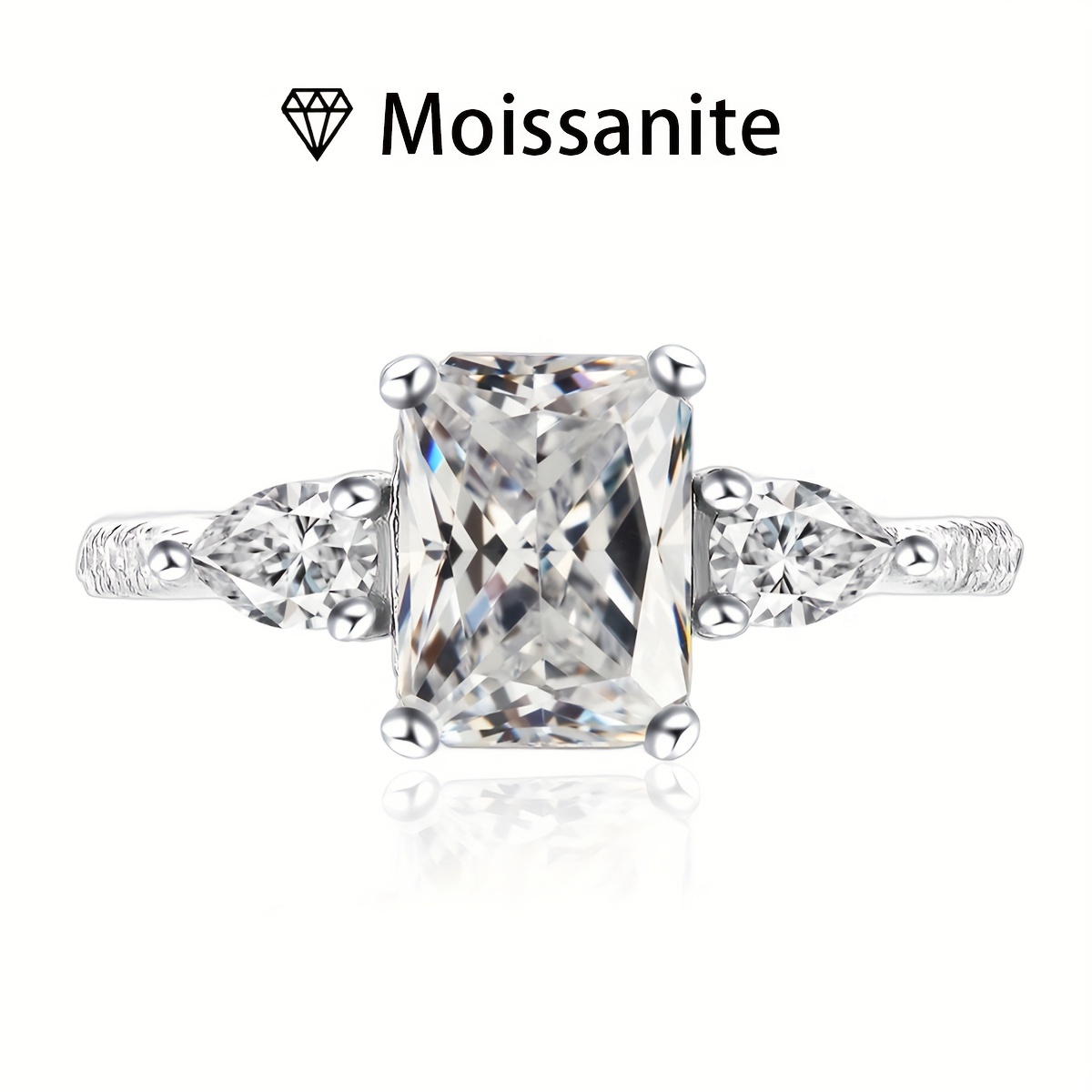 2ct Rectangular Moissanite Engagement Ring S925 Silvery with Pearlescent Edge